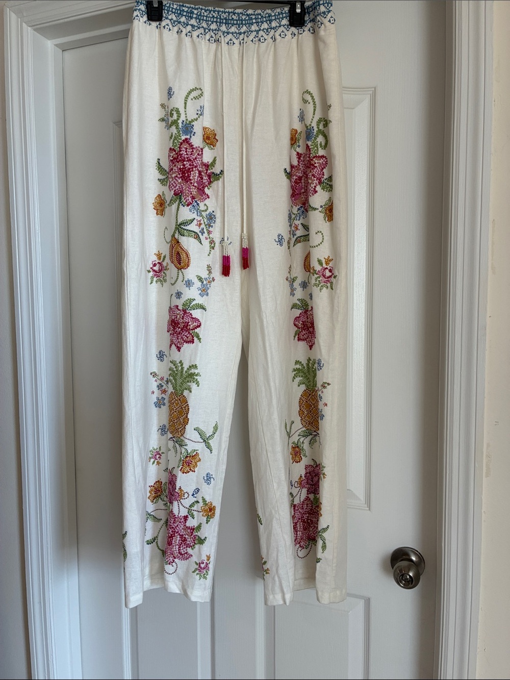Rachel Zoe Euro Summer Wide Leg Linen Blend Pants Medium White Pineapple Floral - Picture 3 of 8